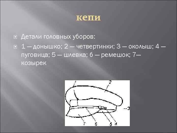 кепи Детали головных уборов: 1 — донышко; 2 — четвертинки; 3 — околыш; 4