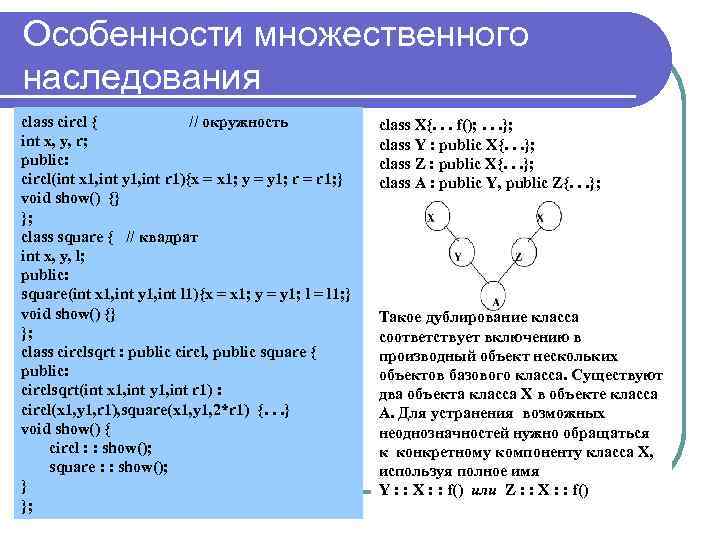 Особенности множественного наследования class circl { // окружность int x, y, r; public: circl(int