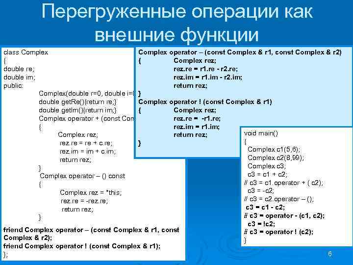Перегруженные операции как внешние функции Complex operator – (const Complex & r 1, const