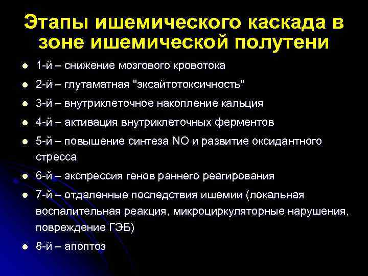 Этапы ишемического каскада в зоне ишемической полутени l 1 -й – снижение мозгового кровотока