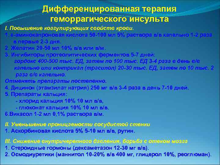 Дифференцированная терапия геморрагического инсульта I. Повышение коагулирующих свойств крови. 1. аминокапроновая кислота 50 100