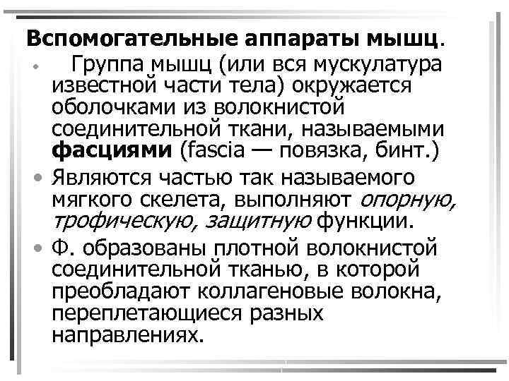 Вспомогательные аппараты мышц. • Группа мышц (или вся мускулатура известной части тела) окружается оболочками