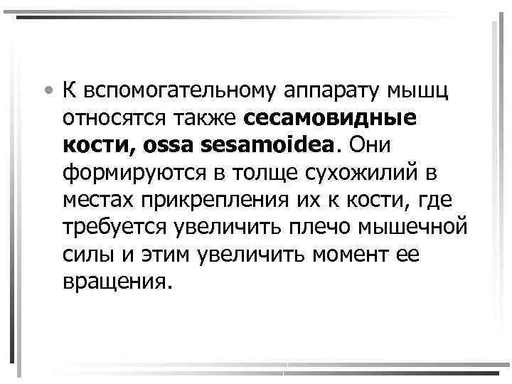  • К вспомогательному аппарату мышц относятся также сесамовидные кости, ossa sesamoidea. Они формируются