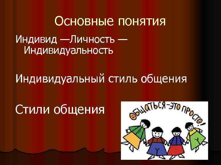 Основные понятия Индивид —Личность — Индивидуальность Индивидуальный стиль общения Стили общения 