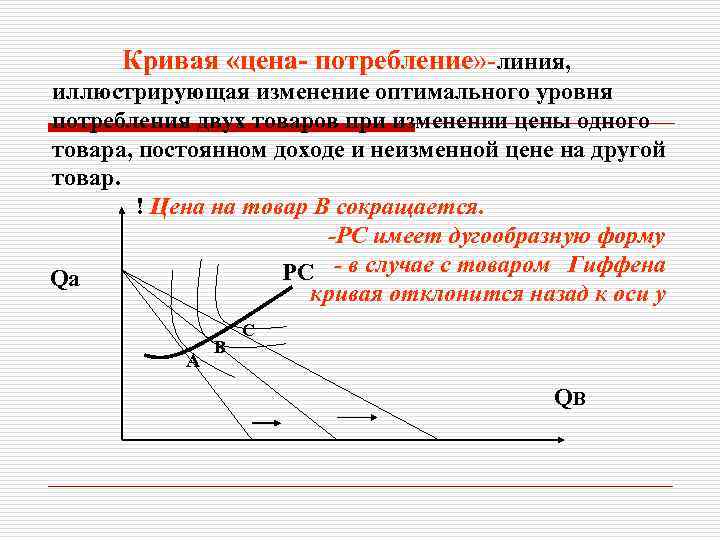 Кривая «цена- потребление» -линия, иллюстрирующая изменение оптимального уровня потребления двух товаров при изменении цены