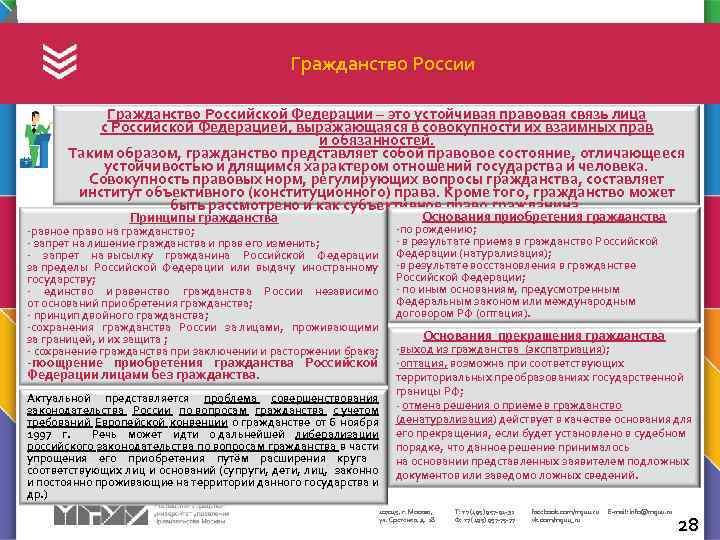  Гражданство России Гражданство Российской Федерации – это устойчивая правовая связь лица c Российской