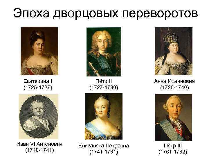 Эпоха дворцовых переворотов Екатерина I (1725 -1727) Иван VI Антонович (1740 -1741) Пётр II