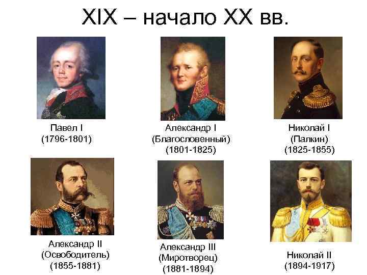 XIX – начало XX вв. Павел I (1796 -1801) Александр II (Освободитель) (1855 -1881)