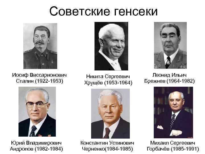 Советские генсеки Иосиф Виссарионович Сталин (1922 -1953) Юрий Владимирович Андропов (1982 -1984) Никита Сергеевич