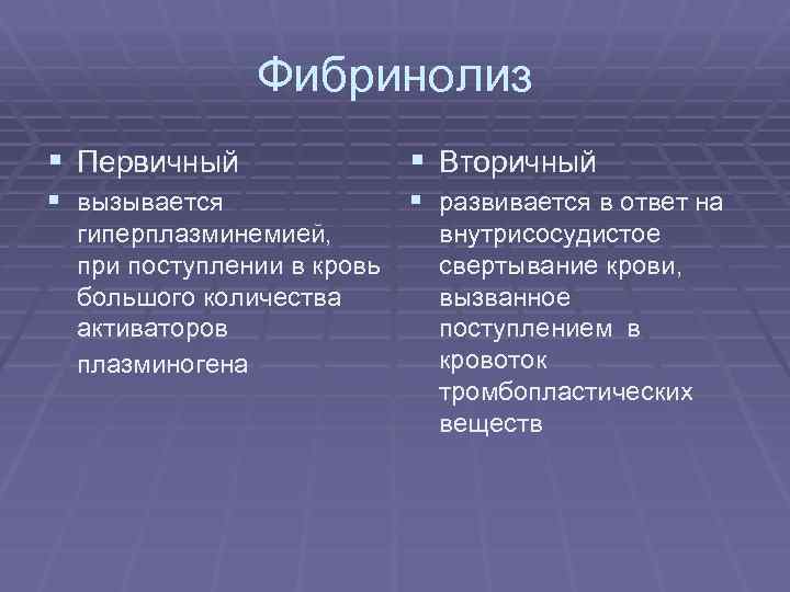 Фибринолиз § Первичный § Вторичный § вызывается § развивается в ответ на гиперплазминемией, при
