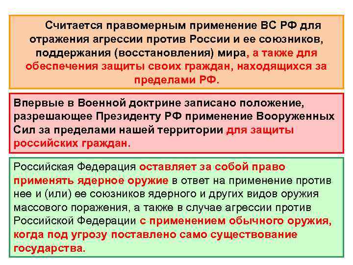 Решение о использовании вооруженных сил. РФ считает правомерным применение Вооруженных сил для. Формы применения Вооруженных сил. Использование Вооруженных сил за пределами РФ. Применение вооруженной силы против другого государства.