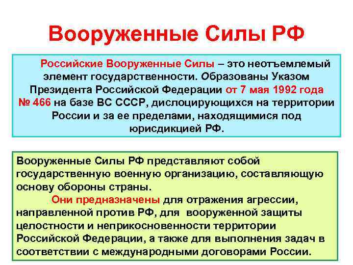 Вооруженные Силы РФ Российские Вооруженные Силы – это неотъемлемый элемент государственности. Образованы Указом Президента