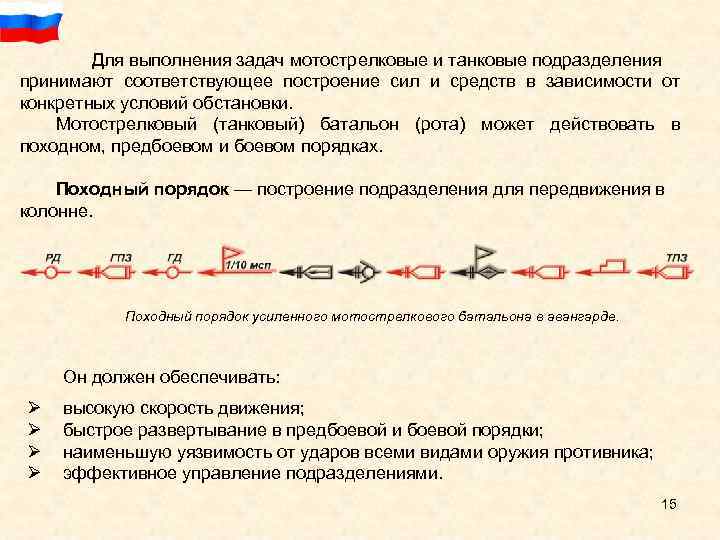 Для выполнения задач мотострелковые и танковые подразделения принимают соответствующее построение сил и средств в