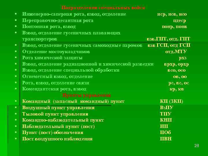 § § § § § Подразделения специальных войск Инженерно-саперная рота, взвод, отделение иср, исв,