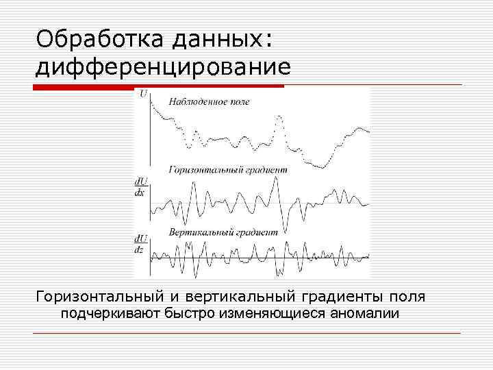 Обработка данных: дифференцирование Горизонтальный и вертикальный градиенты поля подчеркивают быстро изменяющиеся аномалии 