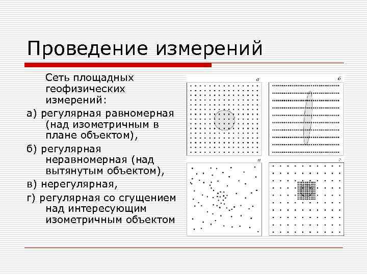 Проведение измерений Сеть площадных геофизических измерений: а) регулярная равномерная (над изометричным в плане объектом),
