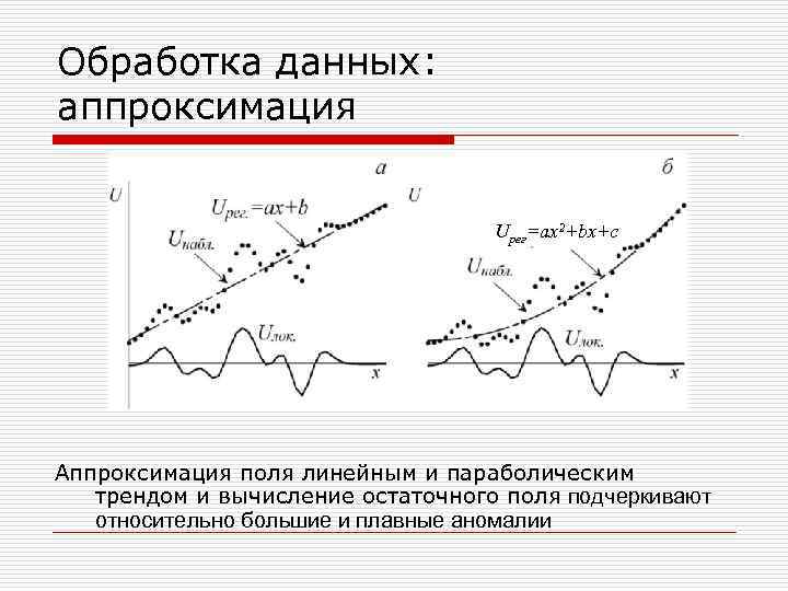 Обработка данных: аппроксимация Uрег=ax 2+bx+c Аппроксимация поля линейным и параболическим трендом и вычисление остаточного