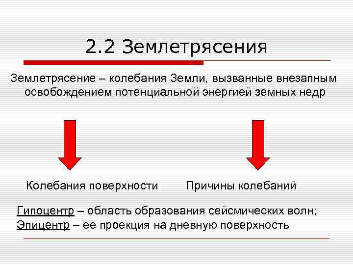 2. 2 Землетрясения Землетрясение – колебания Земли, вызванные внезапным освобождением потенциальной энергией земных недр