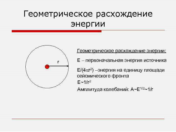 Геометрическое расхождение энергии: r E – первоначальная энергия источника E/(4 pr 2) –энергия на