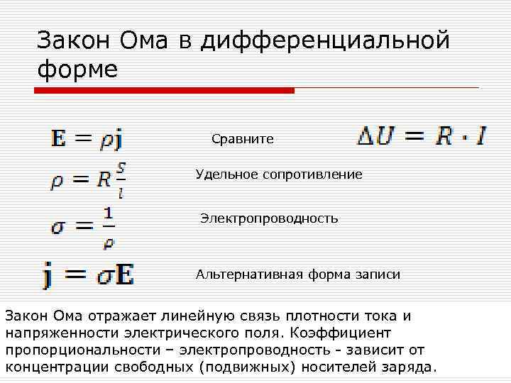 Закон Ома в дифференциальной форме Сравните Удельное сопротивление Электропроводность Альтернативная форма записи Закон Ома
