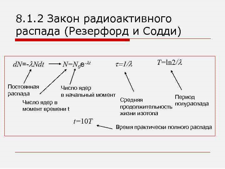 8. 1. 2 Закон радиоактивного распада (Резерфорд и Содди) d. N=-l. Ndt Постоянная распада