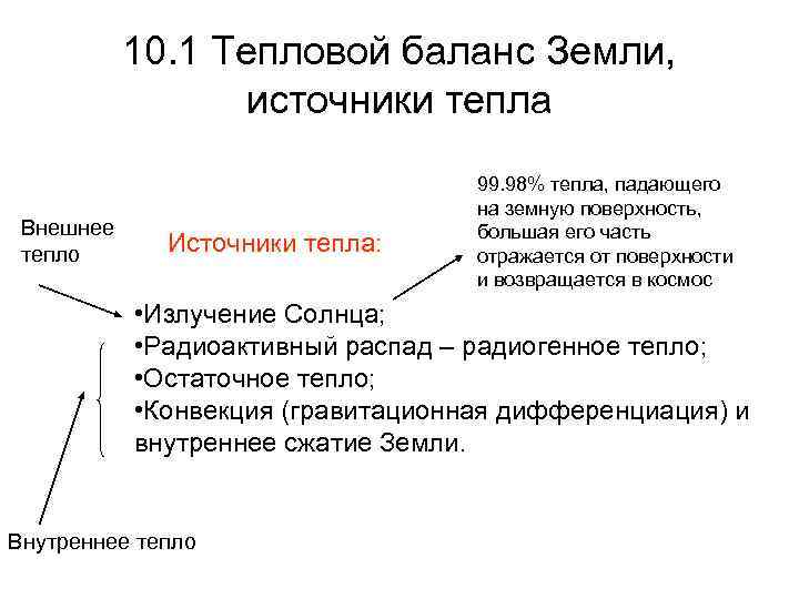 10. 1 Тепловой баланс Земли, источники тепла Внешнее тепло Источники тепла: 99. 98% тепла,