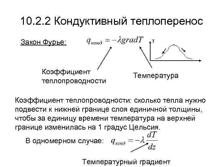 10. 2. 2 Кондуктивный теплоперенос Закон Фурье: T Коэффициент теплопроводности Температура Коэффициент теплопроводности: сколько