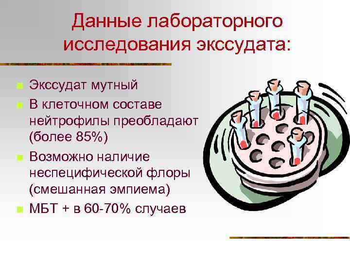 Данные лабораторного исследования экссудата: n n Экссудат мутный В клеточном составе нейтрофилы преобладают (более