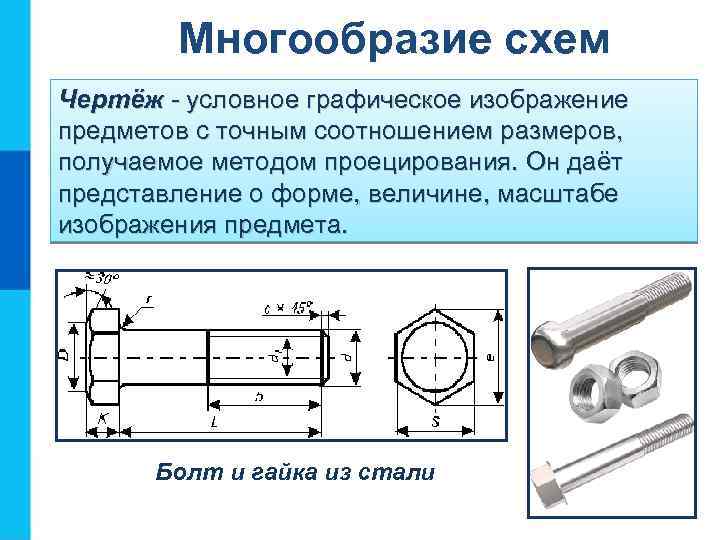 Многообразие схем Чертёж - условное графическое изображение предметов с точным соотношением размеров, получаемое методом