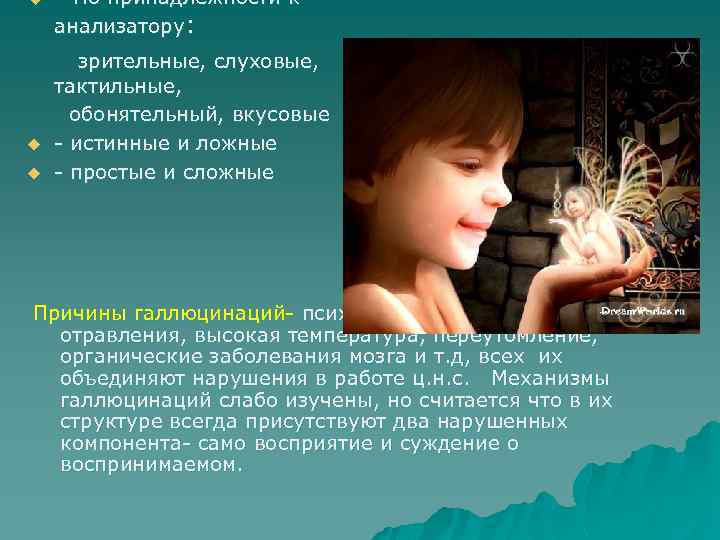 - По принадлежности к анализатору: зрительные, слуховые, u тактильные, обонятельный, вкусовые u - истинные