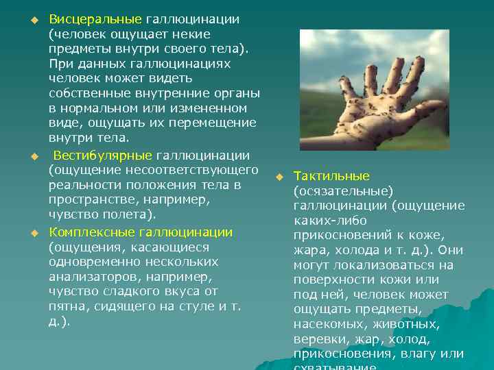 u u u Висцеральные галлюцинации (человек ощущает некие предметы внутри своего тела). При данных