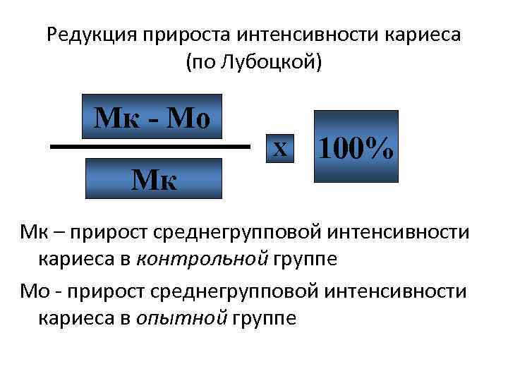 Редукция прироста интенсивности кариеса (по Лубоцкой) Мк - Мо Х Мк 100% Мк –