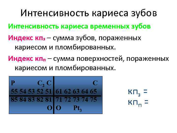 Интенсивность кариеса зубов Интенсивность кариеса временных зубов Индекс кпз – сумма зубов, пораженных кариесом