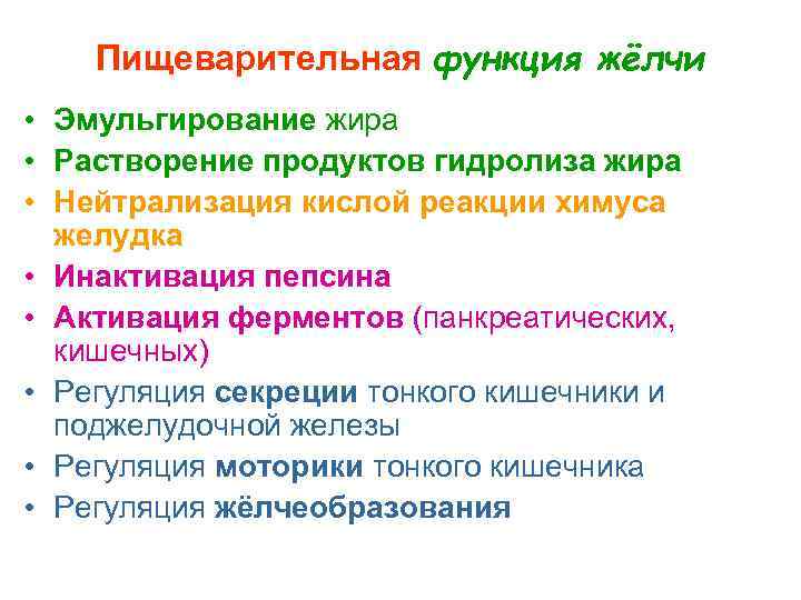 Пищеварительная функция жёлчи • Эмульгирование жира • Растворение продуктов гидролиза жира • Нейтрализация кислой