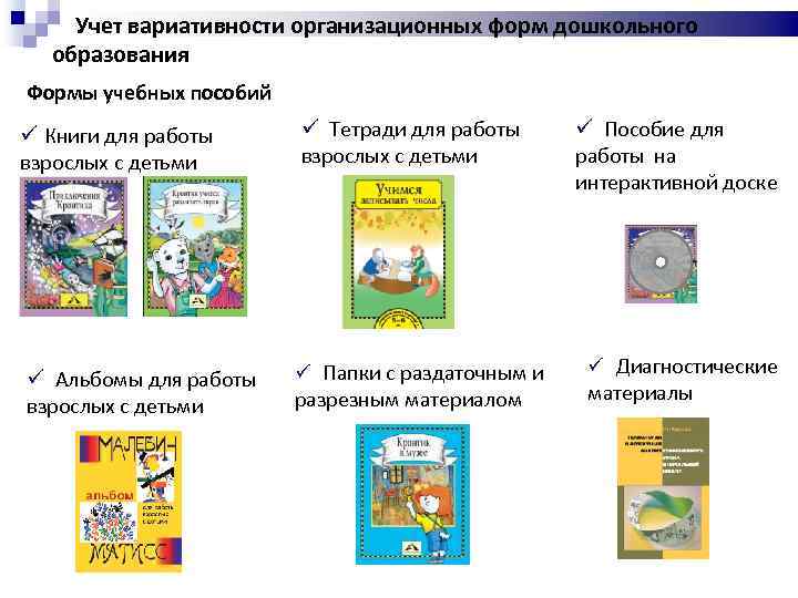 Учет вариативности организационных форм дошкольного образования Формы учебных пособий ü Книги для работы взрослых
