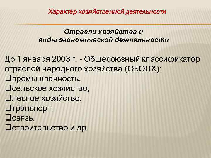 Характер хозяйственной деятельности Отрасли хозяйства и виды экономической деятельности До 1 января 2003 г.