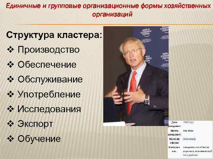 Единичные и групповые организационные формы хозяйственных организаций Структура кластера: v Производство v Обеспечение v