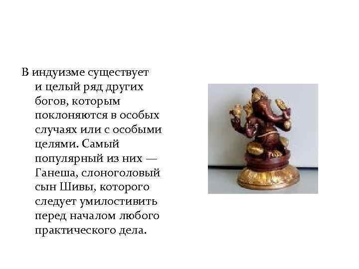 В индуизме существует и целый ряд других богов, которым поклоняются в особых случаях или