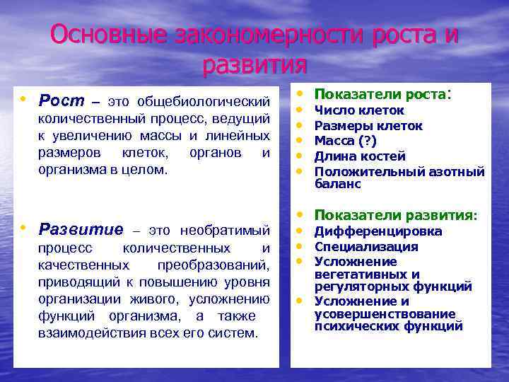 Сравнение развития. Основные закономерности роста. Закономерности развития организма.