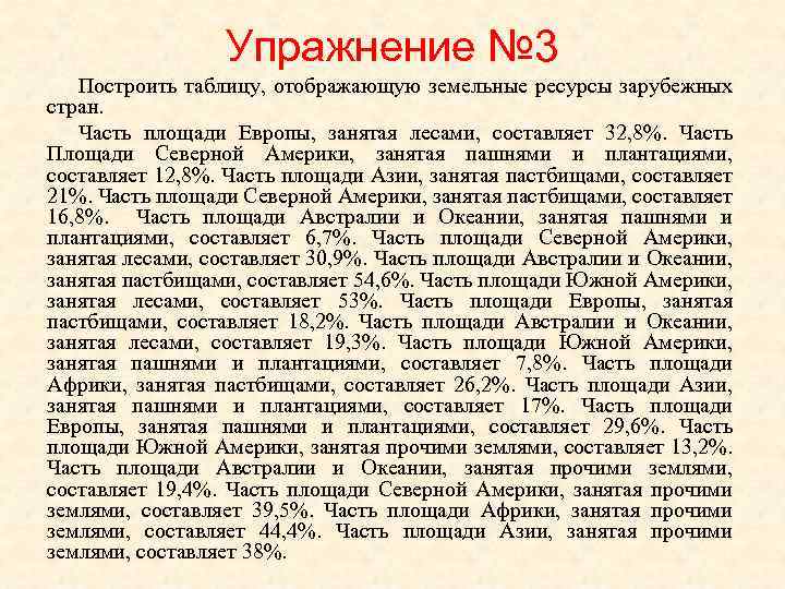 Упражнение № 3 Построить таблицу, отображающую земельные ресурсы зарубежных стран. Часть площади Европы, занятая
