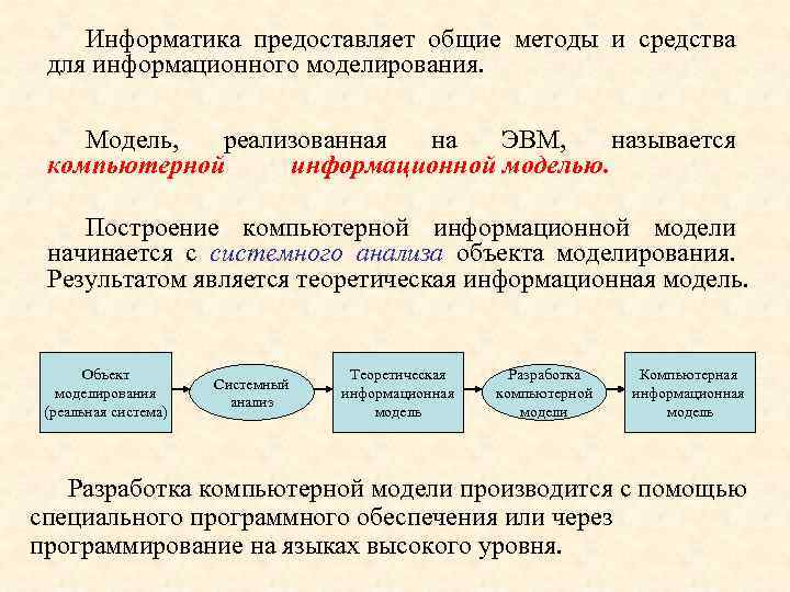 Информатика предоставляет общие методы и средства для информационного моделирования. Модель, реализованная на ЭВМ, называется