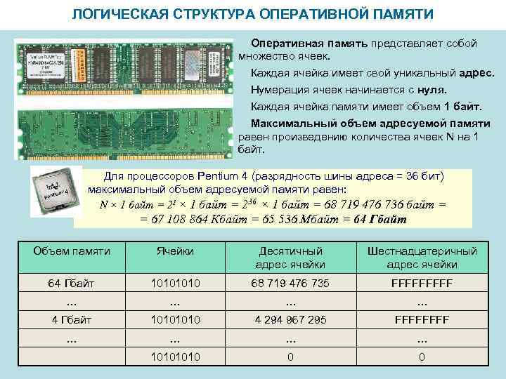 ЛОГИЧЕСКАЯ СТРУКТУРА ОПЕРАТИВНОЙ ПАМЯТИ Оперативная память представляет собой множество ячеек. Каждая ячейка имеет свой