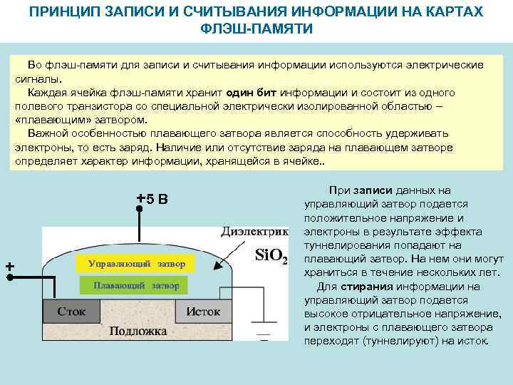 ПРИНЦИП ЗАПИСИ И СЧИТЫВАНИЯ ИНФОРМАЦИИ НА КАРТАХ ФЛЭШ-ПАМЯТИ Во флэш-памяти для записи и считывания