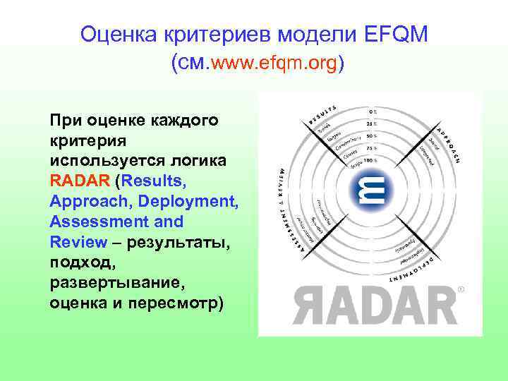 Оценка критериев модели EFQM (см. www. efqm. org) При оценке каждого критерия используется логика