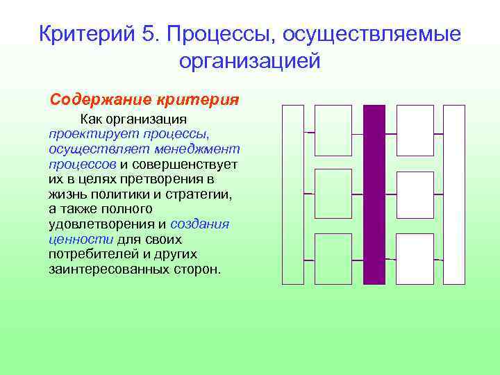 Критерий 5. Процессы, осуществляемые организацией Содержание критерия Как организация проектирует процессы, осуществляет менеджмент процессов