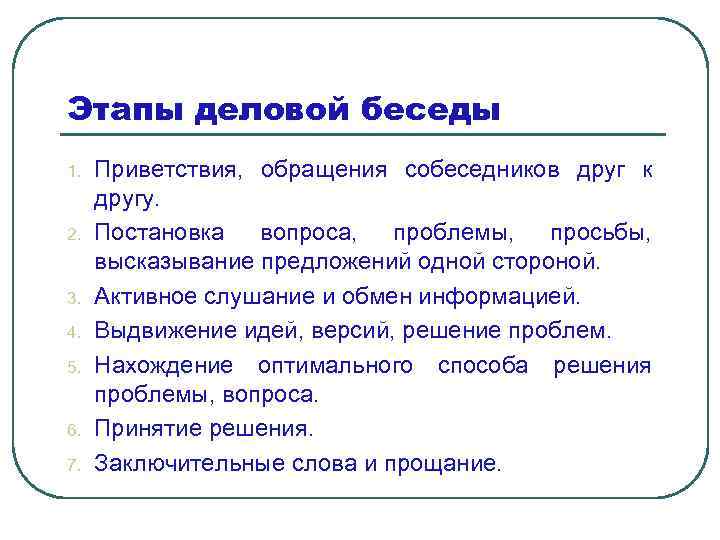 Этапы деловой беседы 1. 2. 3. 4. 5. 6. 7. Приветствия, обращения собеседников друг