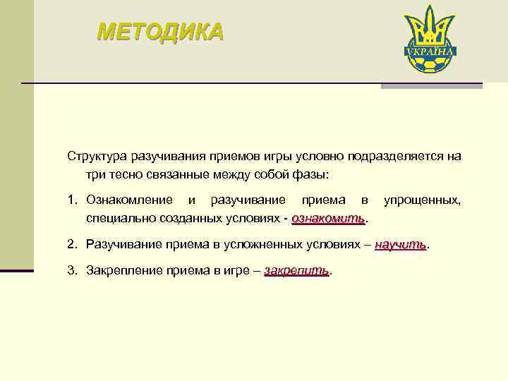 МЕТОДИКА Структура разучивания приемов игры условно подразделяется на три тесно связанные между собой фазы: