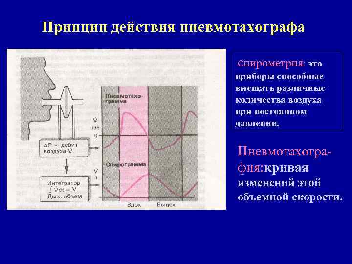 Принцип действия пневмотахографа спирометрия: это приборы способные вмещать различные количества воздуха при постоянном давлении.