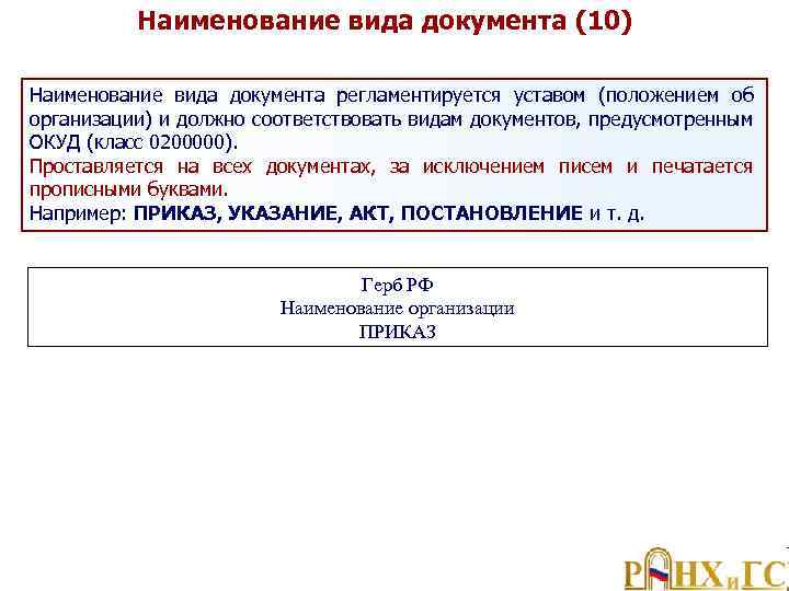 Наименование вида документа (10) Наименование вида документа регламентируется уставом (положением об организации) и должно