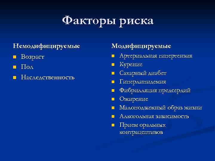Факторы риска Немодифицируемые n Возраст n Пол n Наследственность Модифицируемые n n n n